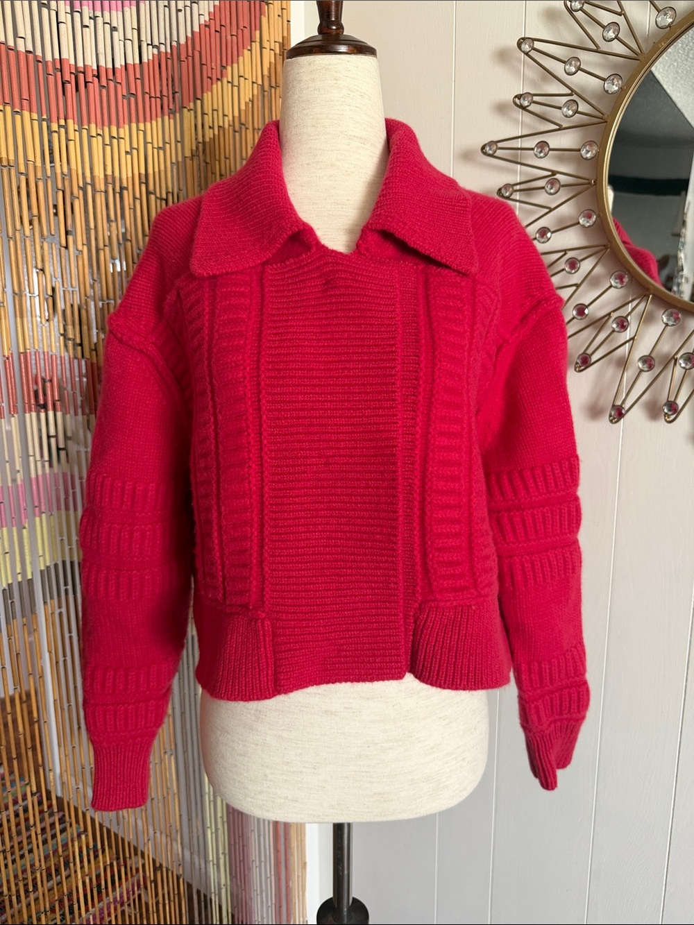 ba&sh Red Textured Collared Knit Sweater